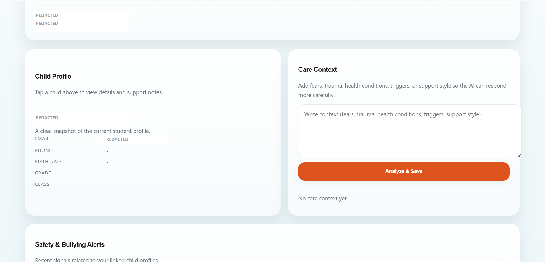 Real Calma care context page for a linked child profile