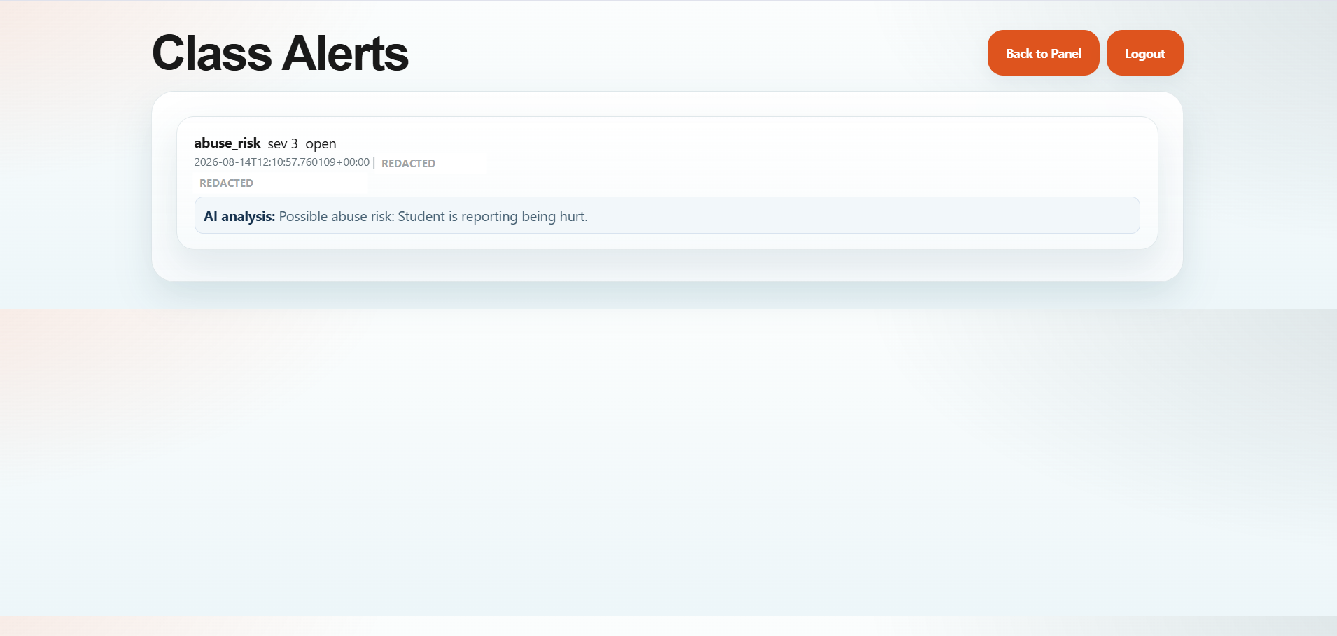 Real Calma Class Alerts page showing an alert and AI analysis