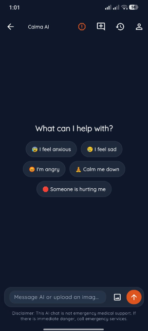 Real Calma student mobile wellbeing chat with support prompts